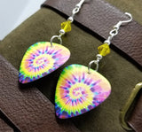 Brightly Colored Tie Dye Guitar Pick Earrings with Yellow Swarovski Crystals