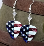 American Flag Section Guitar Pick Earrings with Clear Swarovski Crystals