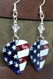 American Flag Section Guitar Pick Earrings with Clear Swarovski Crystals