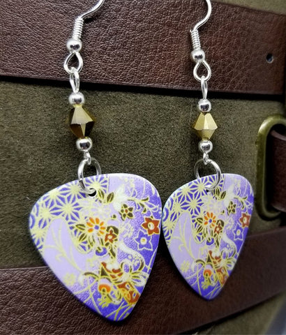 Purple Flowered Origami Paper Style Guitar Pick Earrings with Gold Swarovski Crystals