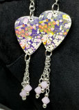 Flowered Origami Paper Style Guitar Pick Earrings with Pink Alabaster Swarovski Crystal Dangles
