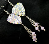 Flowered Origami Paper Style Guitar Pick Earrings with Pink Alabaster Swarovski Crystal Dangles
