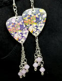 Flowered Origami Paper Style Guitar Pick Earrings with Pink Alabaster Swarovski Crystal Dangles