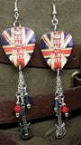 Keep Calm and Play Guitar British Flag Guitar Pick Earrings with Charm and Swarovski Crystal Dangles