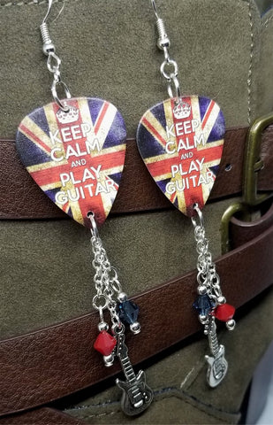 Keep Calm and Play Guitar British Flag Guitar Pick Earrings with Charm and Swarovski Crystal Dangles