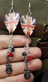 Keep Calm and Play Guitar British Flag Guitar Pick Earrings with Charm and Swarovski Crystal Dangles