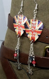 Keep Calm and Play Guitar British Flag Guitar Pick Earrings with Charm and Swarovski Crystal Dangles