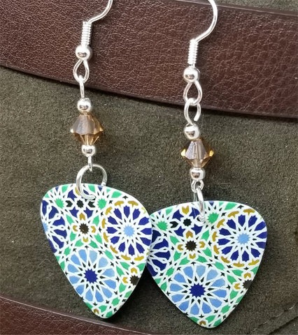 Blue, Green and Brown Mosaic Tile Style Print Guitar Pick Earrings with Smoked Topaz Swarovski Crystals