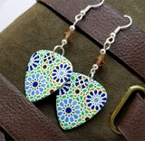 Blue, Green and Brown Mosaic Tile Style Print Guitar Pick Earrings with Smoked Topaz Swarovski Crystals