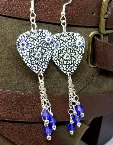 Blue Flower Mosaic Tile Patterned Guitar Pick Earrings with Blue Swarovski Crystal Dangles