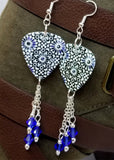 Blue Flower Mosaic Tile Patterned Guitar Pick Earrings with Blue Swarovski Crystal Dangles