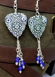 Blue Flower Mosaic Tile Patterned Guitar Pick Earrings with Blue Swarovski Crystal Dangles