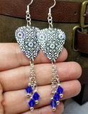 Blue Flower Mosaic Tile Patterned Guitar Pick Earrings with Blue Swarovski Crystal Dangles