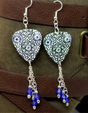 Blue Flower Mosaic Tile Patterned Guitar Pick Earrings with Blue Swarovski Crystal Dangles