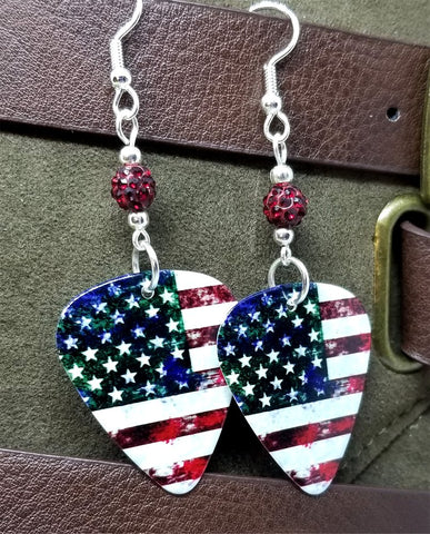 Distressed American Flag Guitar Pick Earrings with Red Pave Beads