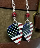 Distressed American Flag Guitar Pick Earrings with Red Pave Beads