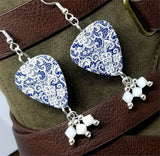 White Lace Pattern on Blue Guitar Pick Earrings with White Swarovski Crystal Dangles