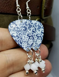 White Lace Pattern on Blue Guitar Pick Earrings with White Swarovski Crystal Dangles