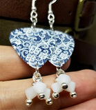 White Lace Pattern on Blue Guitar Pick Earrings with White Swarovski Crystal Dangles