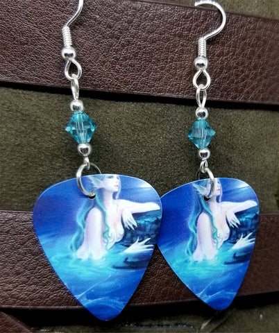Mermaid on Top of the Water Guitar Pick Earrings with Turquoise Colored Swarovski Crystals