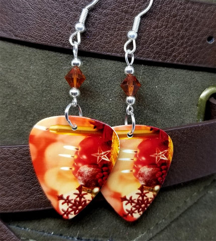 Christmas Candle Scene Guitar Pick Earrings with Indian Red Swarovski Crystals