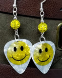 Smiley Face Guitar Pick Earrings with Yellow Pave Beads