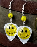 Smiley Face Guitar Pick Earrings with Yellow Pave Beads