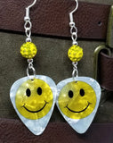 Smiley Face Guitar Pick Earrings with Yellow Pave Beads