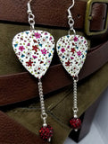 Flower Doodles Guitar Pick Earrings with Red Pave Bead Dangles