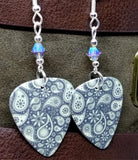 Gray and Off White Paisley Guitar Pick Earrings with Greige Swarovski Crystals