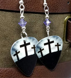Three Crosses Guitar Pick Earrings with Purple Swarovski Crystals