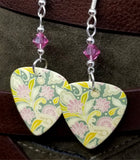 Flowered Green and Pink Guitar Pick Earrings with Pink Swarovski Crystals