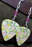 Flowered Green and Pink Guitar Pick Earrings with Pink Swarovski Crystals