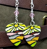 Sun and Hills Landscape Guitar Pick Earrings with Pink Swarovski Crystals