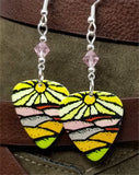 Sun and Hills Landscape Guitar Pick Earrings with Pink Swarovski Crystals