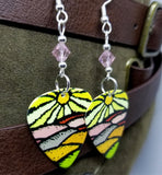 Sun and Hills Landscape Guitar Pick Earrings with Pink Swarovski Crystals