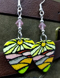 Sun and Hills Landscape Guitar Pick Earrings with Pink Swarovski Crystals