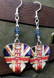 Keep Calm and Play Guitar British Flag Guitar Pick Earrings with Blue Swarovski Crystals