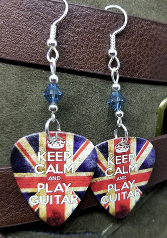 Keep Calm and Play Guitar British Flag Guitar Pick Earrings with Blue Swarovski Crystals