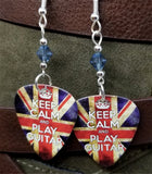 Keep Calm and Play Guitar British Flag Guitar Pick Earrings with Blue Swarovski Crystals