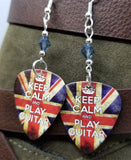 Keep Calm and Play Guitar British Flag Guitar Pick Earrings with Blue Swarovski Crystals