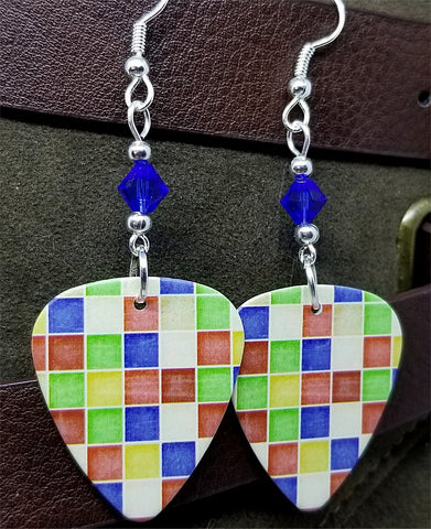 Colored Squares Guitar Pick Earrings with Blue Swarovski Crystals