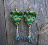 Peacock Guitar Pick Earrings with Blue, Green and Aqua Swarovski Crystal Dangles