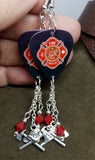 Fire Department Shield Charm Guitar Pick Earrings with Charms and Red Swarovski Crystal Dangles