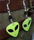 Alien Green Face Guitar Pick Earrings with Black Swarovski Crystals