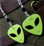 Alien Green Face Guitar Pick Earrings with Black Swarovski Crystals