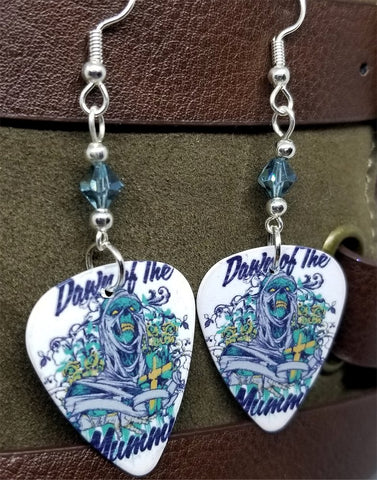 Dawn of the Mummy Guitar Pick Earrings with Blue Swarovski Crystals