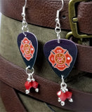 Fire Department Shield Charm Guitar Pick Earrings with Red Swarovski Crystal Dangles