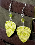 Green and Yellow Swirls and Waves Guitar Pick Earrings with Olive Green Swarovski Crystals
