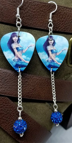 Mermaid Above Water Guitar Pick Earrings with Capri Blue Pave Bead Dangles